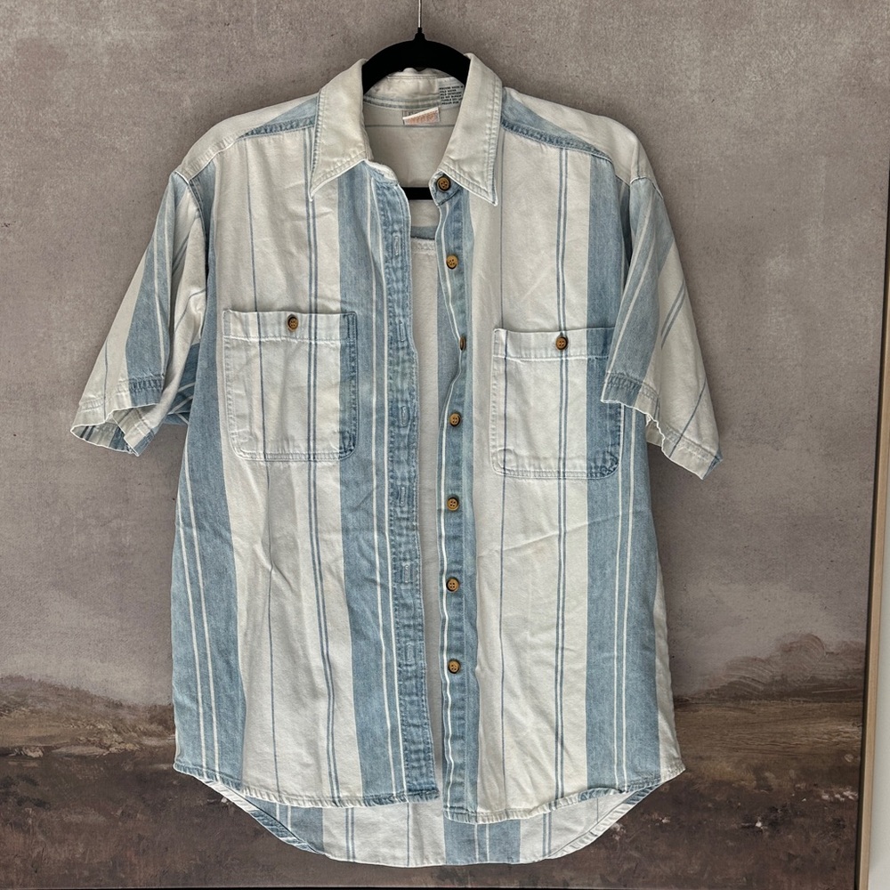 Erika Vintage 1980s 1990s Blue and White Striped Button Down Short Sleeve Shirt
